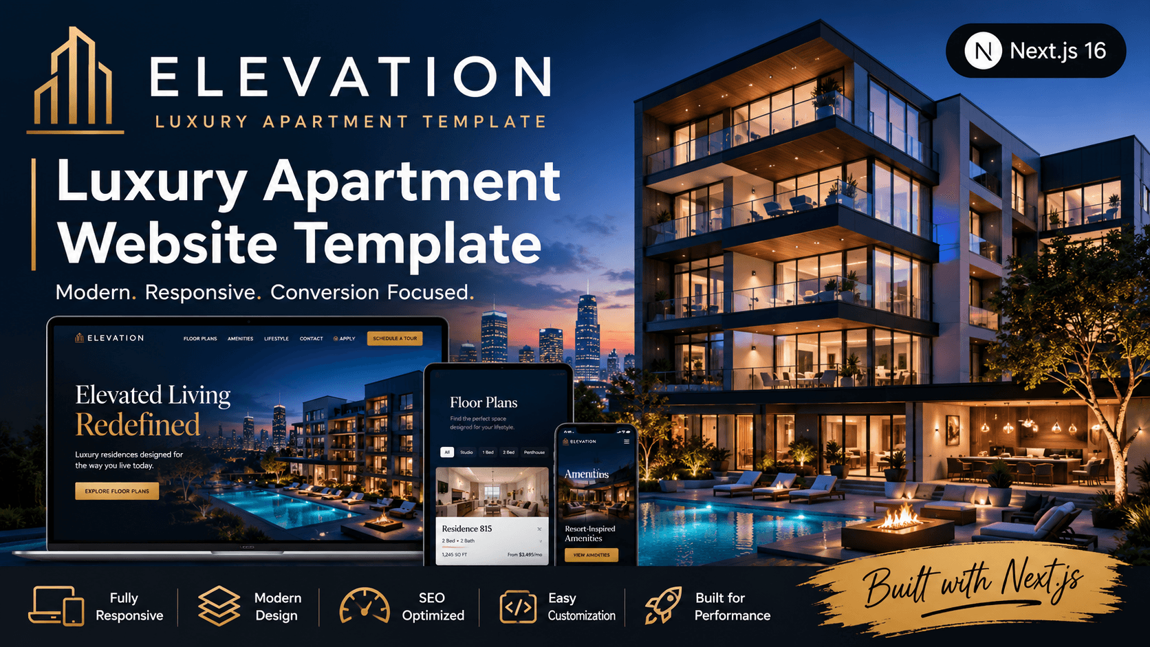 Elevation template showcase with layered Next.js dashboard components